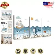 Ocean Nursery Wall Art - Set of 3 Framed Canvas Prints for Baby Boy Rooms