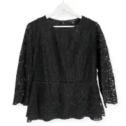 NWT Ann Taylor Women’s Lace Overlay 3/4 Bell Sleeve Top Black Size Small