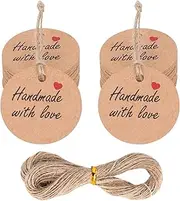 100Pcs Handmade with Love Tags Kraft Paper Hanging Tags with String 1.2” Round Brown Gift Labels with 66 ft String Personalized Handmade Tags for Crafts Candle Tins Wedding Birthday Party Favors