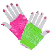 Neon Pink & Green Short Fishnet Fingerless Gloves 80’s 80s Party Costume