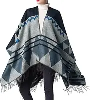 JulyCrab Women Knitted Shawl Poncho Faux Cashmere Geometric Pattern Tassel Oversized Long Bohemia Cape