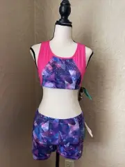 NWT ACTIVE DANSKIN GIRL SET GYMNASTIC SPORTS BRA TUMBLE SHORT SIZE XL MULTICOLOR