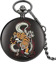 [QRDYL] Pocket Watch,Tiger Snake Entwining Pattern Quartz Pocket Watch Chain Full Hunter Animal Watch with Chain Best Gifts