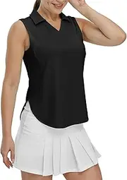 [YSENTO] Women's V-Neck Collared Golf Tennis Shirts Sleeveless UPF 50+ Quick Dry Polo Shirts Tops Split Hem