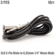3x 10FT XLR 3-Pin Male to 6.35mm 1/4" Mono Male Mic Microphone Audio Cable 28AWG
