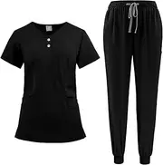 Meichoon Scrubs for Women Set Arc Neck Button Top Stretch Slim Tapered Leg Jogging Pants With Drawstring Hospital Beauty Salon Coveralls DK52