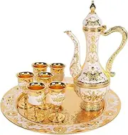 Vintage Turkish Tea Pot with 6 Coffee Cups, Turkish Coffee Pot Set Metal Coffee Pot Teapot Russian Style Wine Pot Kit Tea Tray Teapot and Tea Cups for Wedding Gift