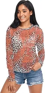 [RPLIFE] Palm Leaves Colorful Leopard Print Mesh Tops, Long Sleeve Party Tops S-XXL