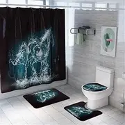 4 Pieces Anti Slip Bathroom Rugs Set Pedestal Rug + Lid Toilet Cover + Bath Mat + Waterproof Shower Curtain, Morbuy Home Decor - Animal Printing (Crystal Horse)