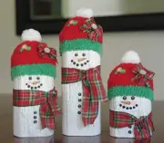 Set of 3 Wooden Snowmen With Red, Green and Gold Plaid Scarf and White Button