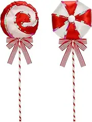 2 Pcs Large Candy Lollipop Spray, 40cm/15.7inch 2 Styles Christmas Sequins Velvet Peppermint Candy Picks Fake Swirl Xmas Sweets Craft for Christmas Tree Vase Fillers Holiday Party Supply (Red)