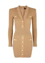 Balmain Ribbed Stretch-knit Mini Dress - Brown - 14 14