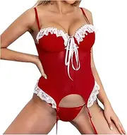 [Generic] 1/4 Cup Bra Lingerie Plus Size Set with Garter Belts Lace Teddy Bodysuit Extra Small Lingerie