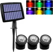 JUSTUP Outdoor Solar Pond Lights, Waterproof 6 LEDs Solar Underwater Pond Light Lighting Angle Adjustable Garden Spotlights, Auto ON/Off for Outdoor Garden Fish Tank Pool (3 Lamp RGB)