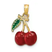 14k Yellow Gold 3-D Enamel Cherries W/ Leaf Charm