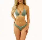 Khaki Micro G string Crochet Bikini with gold bead trim