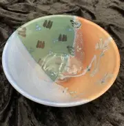 Studio Art Pottery Bowl, Blue/Sea Green/Peach w/designs, Artist Signed
