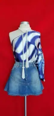 Roberto Cavalli Blue White Print Cold One Shoulder Silk Top Size M retail $700
