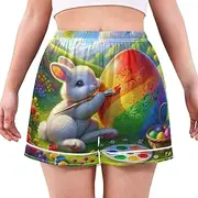 [RPLIFE] Easter Bunny Colored Egg Women's Boxer Shorts, Cute Women Shorts with Pockets, S-XXL