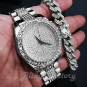 HIP HOP SILVER PT LUXURY LAB DIAMOND WATCH & ICED CUBAN BOX LOCK BRACELET SET