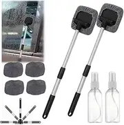 2SET Windshield Window Cleaner Tool Extendable Handle Auto Windshield Glass Cleaner Tool Set with Reusable Microfiber Pads and Spray Bottles