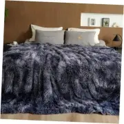 Luxury Faux Fur Throw Blanket, Super Soft King Size 90" x 90" Tie-dye Blue
