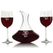 Laugh More Stress Less Engraved Wine Decanter & 18oz Wine Glasses Set - 3 pcs