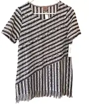 ✿ New EASYWEAR by CHICO'S Women Top Shirt Blouse Mesh Fringe Size 1 Navy White