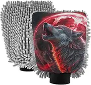 XYMZR Wolf Howling Red Moon Absorbent Microfiber Car Wash Mitt, Funny Cute Anime Scratch Free for Cars Cleaning, Home Cleaning Mitts, 2 Pack, 10.24” L x 7.09” W