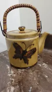 Japanese Loose Leaves Teapot Butterfly Mustard Hobnail Strainer Japan Ceramic