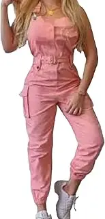 [JEKE-DG] Women's Belted Ankle Tied Cargo Pants Adjustable Straps Bib Overalls Stretch Sleeveless Fashion Jumpsuit