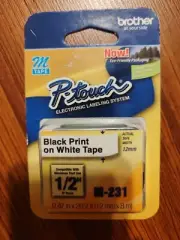 Brother P-Touch M-Tape Tape 1/2 inch BLACK on WHITE for Label Maker M231