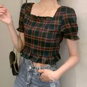 Plaid Ruffle Trim Puff-Sleeve Square-Neck Cropped Blouse As Shown In Figure - XL