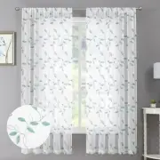 Leaf Sheer Curtains Leaves Embroidered Living Room Short 54"W x 45"L Teal Blue