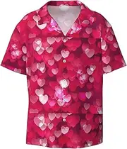 [CADREWY] Valentine's Day Love Heart Print Men's Lightweight Stylish Classic Cuban Collar Style Short Sleeve Practical Pocket