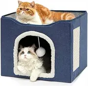 Foldable and Detachable Pet Play House, 4 In 1 Cat Bed with with Scratching Pad, Breathable Cotton Pad and Hanging Fluffy Ball, Durable Large All-Season Cube Cat House for Cats and Dogs, 42*42*35cm