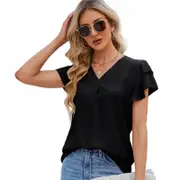 Nevenka Womens Ruffle Short Sleeve Chiffon Blouses V Neck Solid Color Casual Top-Black