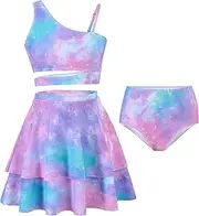 [YWFSHOP] Girls 3 Piece Bathing Suit One Shoulder Ruffle Flounce Bikini Set with Cover Up Skirt Quick Dry Swimsuit 5-12 Years
