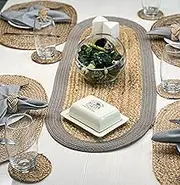 CHARDIN HOME Verona Oval Woven Jute & Cotton Braided Table Runner , Size -13 x 36 Inches, Color - Natural Jute with Grey Border