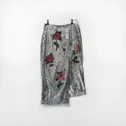TOPSHOP 12 Silver Sequin MIDI Pencil Skirt Beaded flowers Asymmetric Hem Split