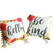 2 Spring Throw Pillow 12X12 Happy Be Kind Bright Pastel Florals Transpac Tassels
