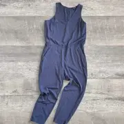 Athleta Brooklyn Sleeveless Textured Jumpsuit Womens 16 V Neck Pockets Blue Gray