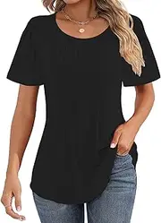 [Cuptacc] Women's Crew Neck T-Shirt with Pleats Loose Puff Sleeves T-Shirt Elegant Short Sleeve Floral/Plain Top Women