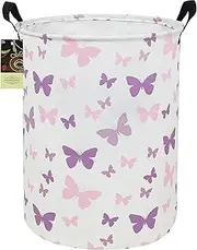[HUNRUNG] Laundry Hamper,Large Canvas Fabric Lightweight Storage Basket Toy Organizer Dirty Clothes Collapsible Waterproof for College Dorms（Round-Butterfly）