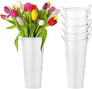QWORK White Flower Buckets, 6 Pcs 9.8" Tall Galvanized Metal Vases with Waterproof Coating, French Flower Bucket