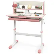 Costway Study Desk Height Adjustable Writing Table Drawing Reading Room w/Scale Ruler & Bookshelf & Drawer Pink
