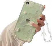 Fycyko Compatible with iPhone 7/8/SE 3D Butterfly Floral Clear with Design Aesthetic Women Teen Girls Glitter Pretty Crystal Sparkle Sparkly Cute Girly Phone Cases Protective Cover+Chain-Clear Green