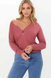 Cecile Top - Zipper Detail V Neck Top in Guava