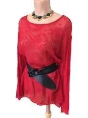 Women's chiffon silk red tunic top embroidered romantic long sleeve sheer 3 New
