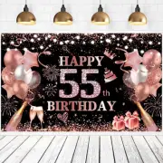 Happy 55th Birthday Banner, Rose Gold Sparkling Backdrop, 71x43 inch, Polyest